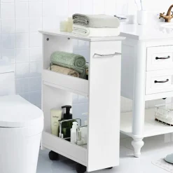 Tangkula Slim Bathroom Storage Shelves, Wooden Rolling Storage Cabinet