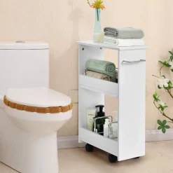 Tangkula Slim Bathroom Storage Shelves, Wooden Rolling Storage Cabinet