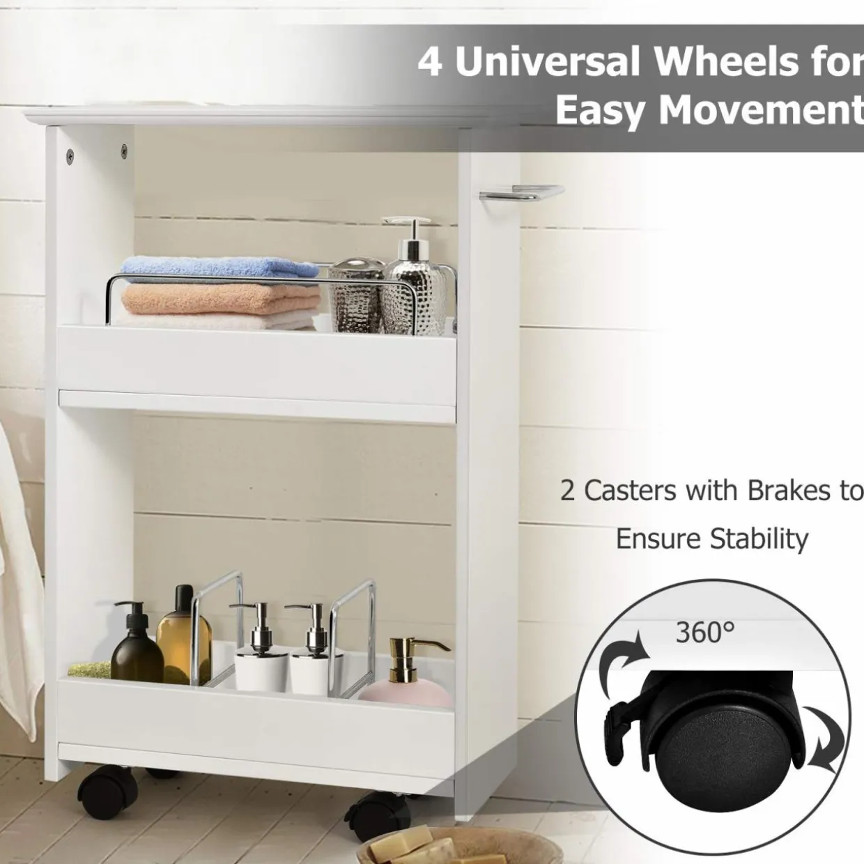 Tangkula Slim Bathroom Storage Shelves, Wooden Rolling Storage Cabinet