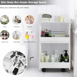 Tangkula Slim Bathroom Storage Shelves, Wooden Rolling Storage Cabinet