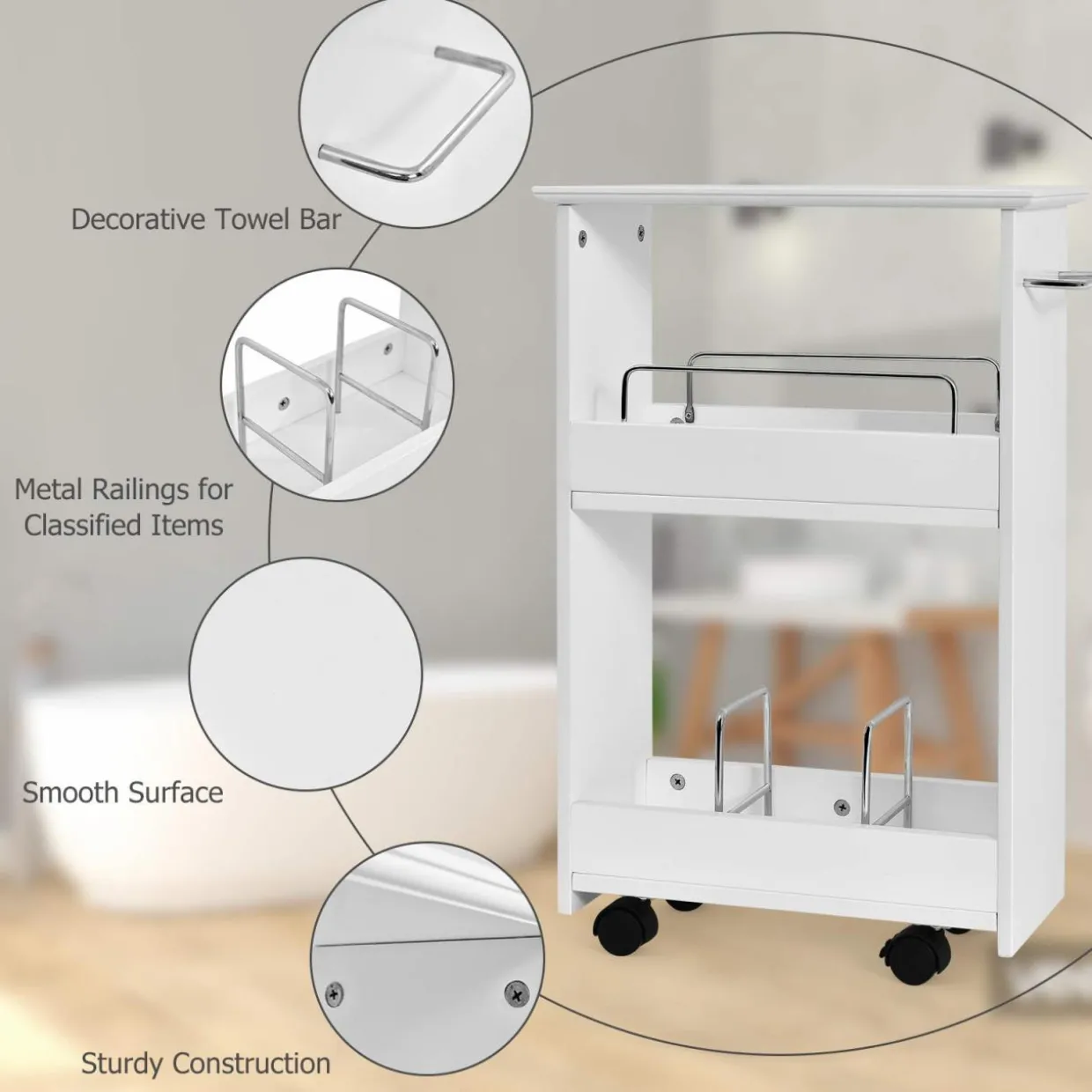 Tangkula Slim Bathroom Storage Shelves, Wooden Rolling Storage Cabinet
