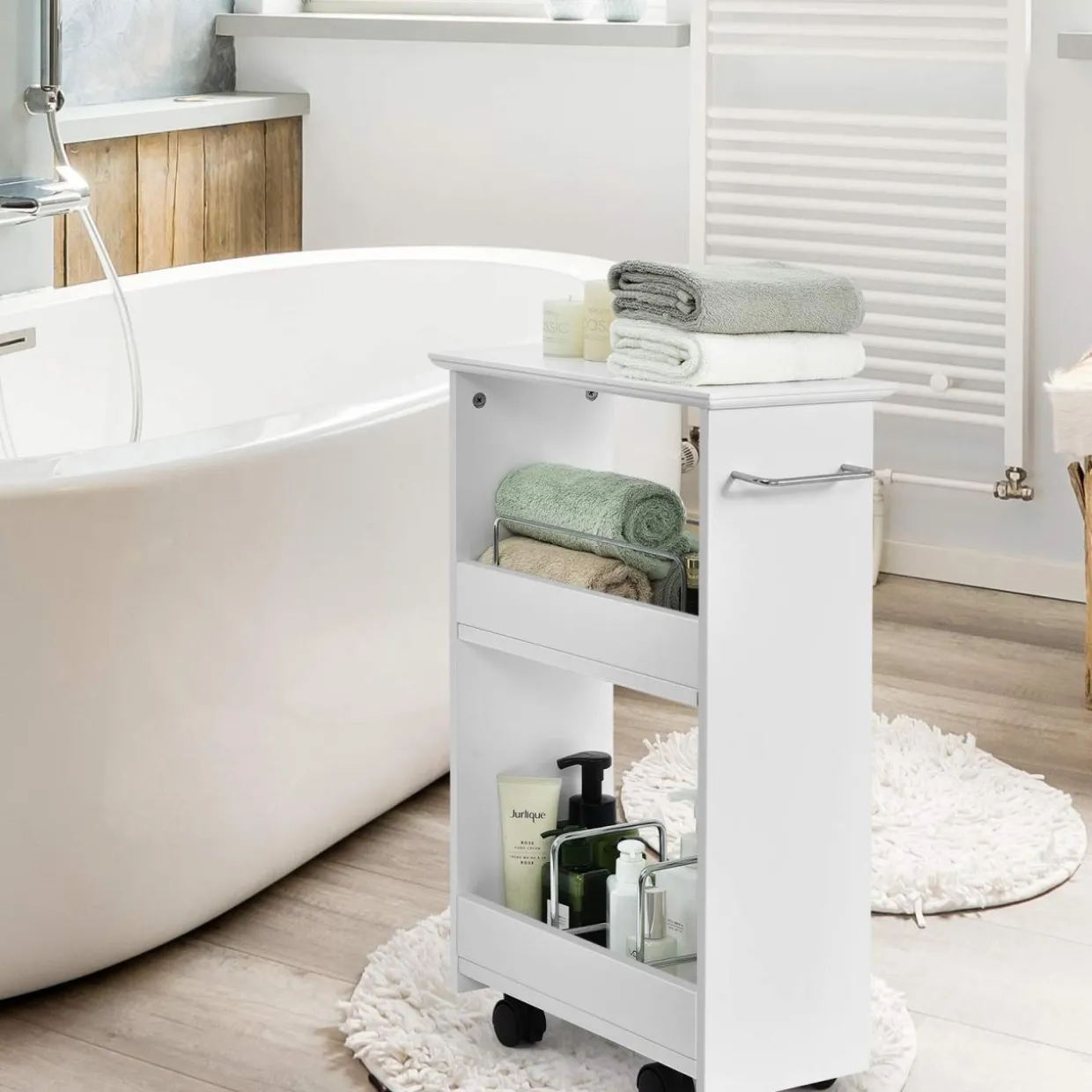 Tangkula Slim Bathroom Storage Shelves, Wooden Rolling Storage Cabinet