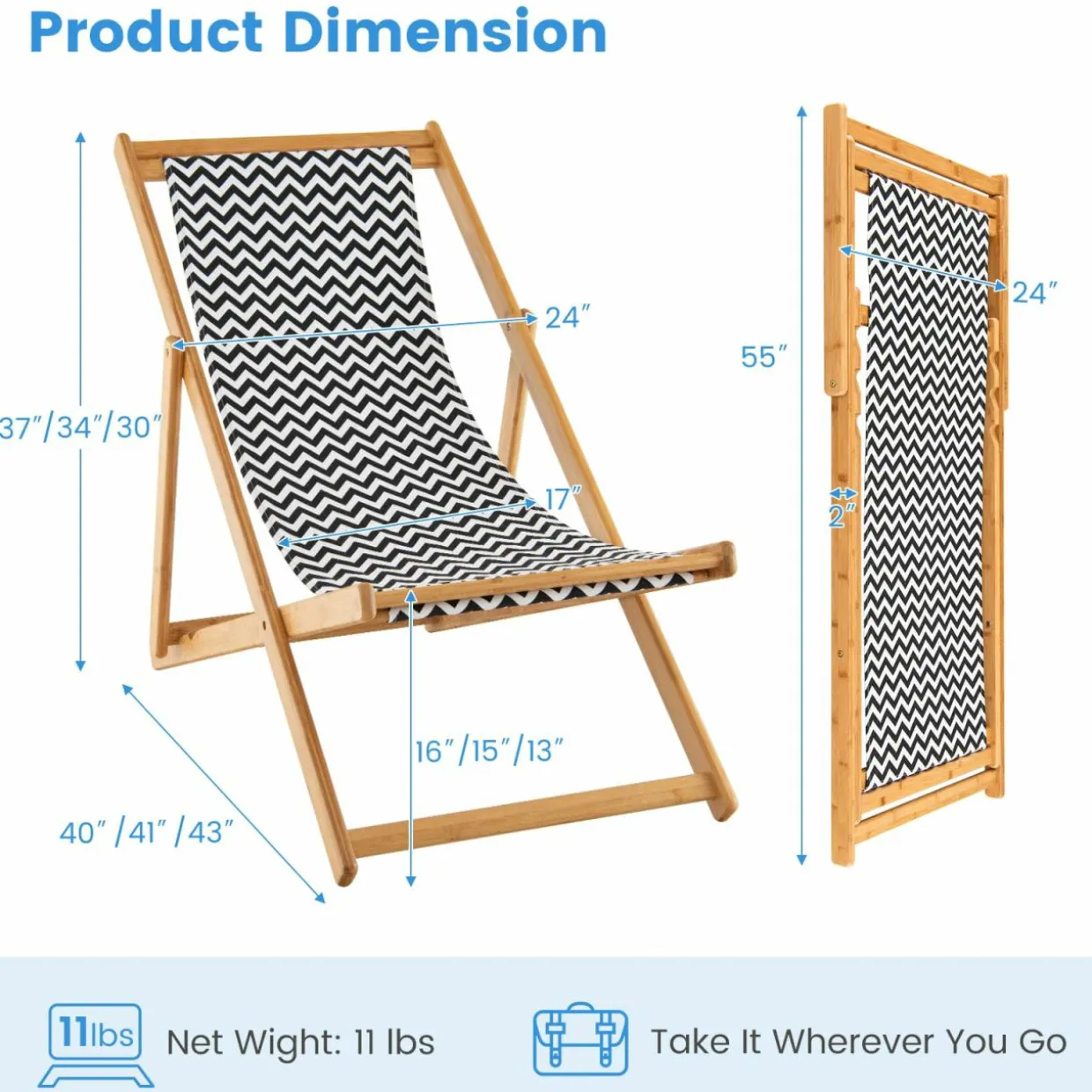 Tangkula Sling Chair Outdoor, Patio Deck Chair with Solid Bamboo Frame & Breathable Canvas Seat