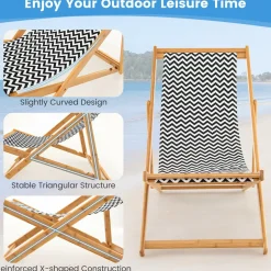 Tangkula Sling Chair Outdoor, Patio Deck Chair with Solid Bamboo Frame & Breathable Canvas Seat