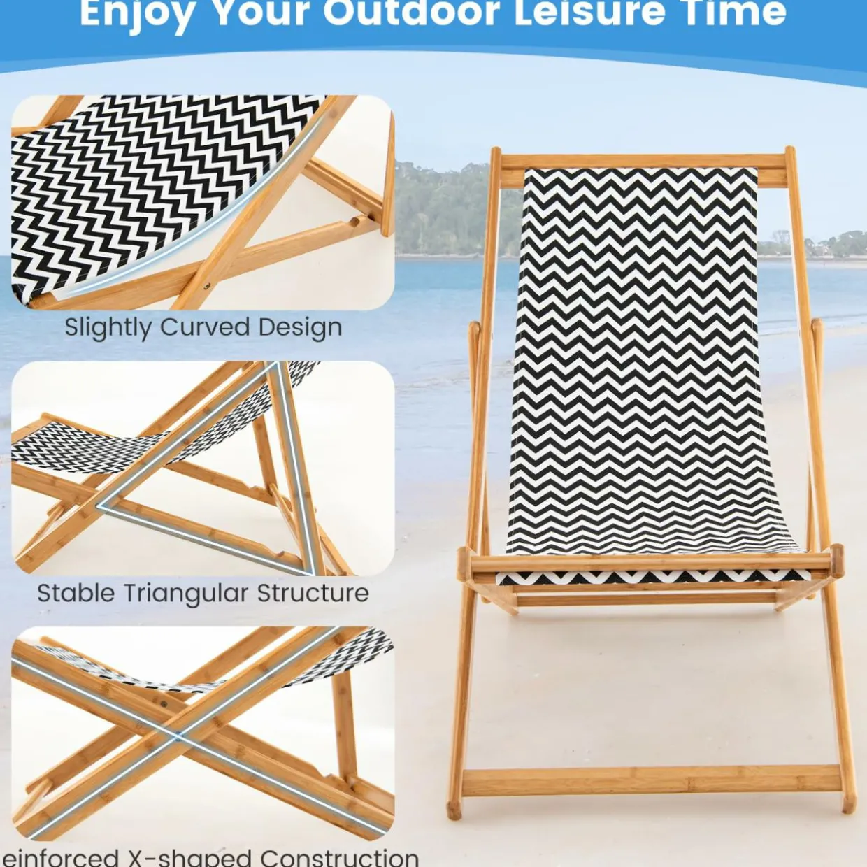 Tangkula Sling Chair Outdoor, Patio Deck Chair with Solid Bamboo Frame & Breathable Canvas Seat