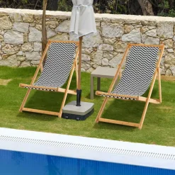 Tangkula Sling Chair Outdoor, Patio Deck Chair with Solid Bamboo Frame & Breathable Canvas Seat