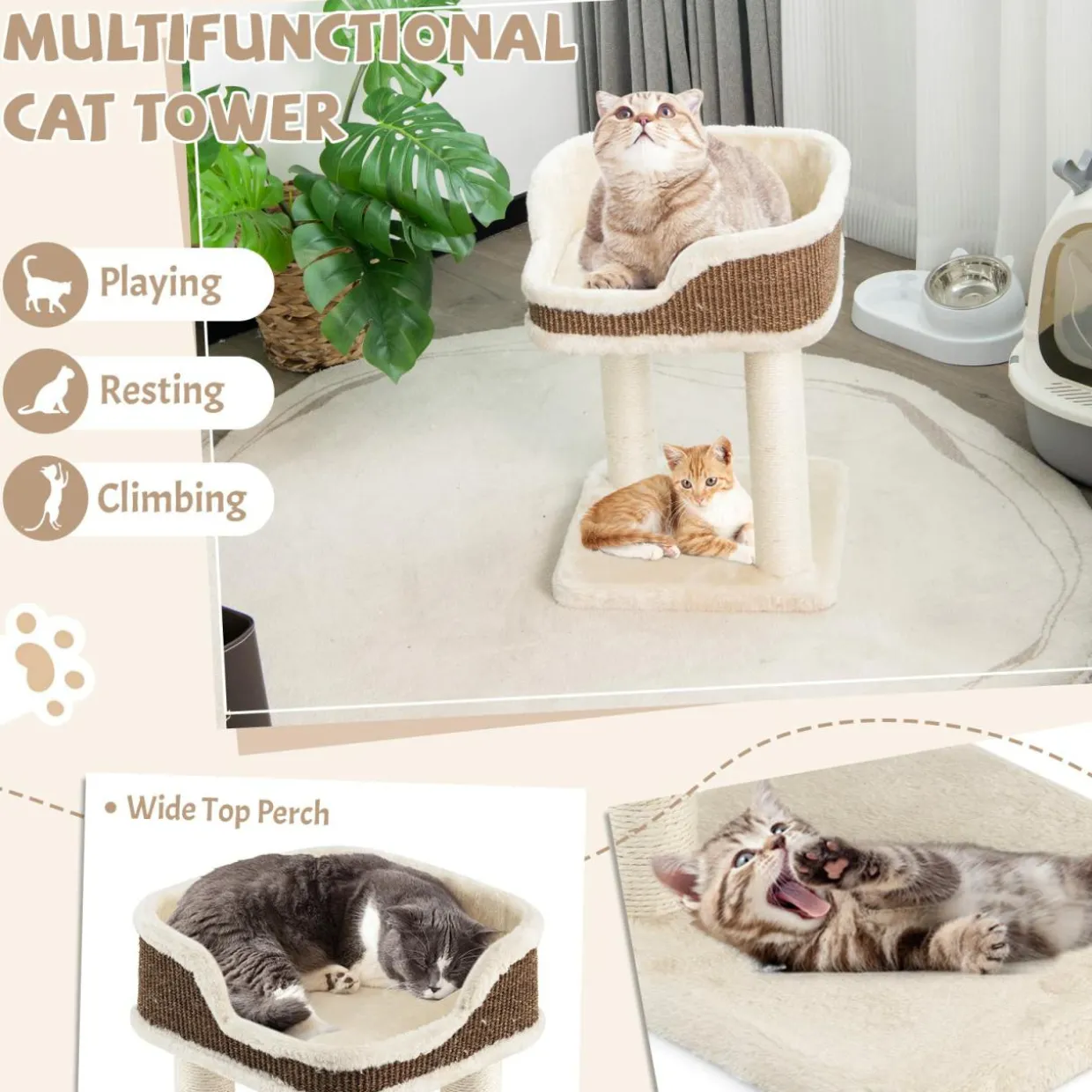 Tangkula Small Cat Tree for Indoor Cats, Modern Carpeted Cat Tower with Soft Plush Perch