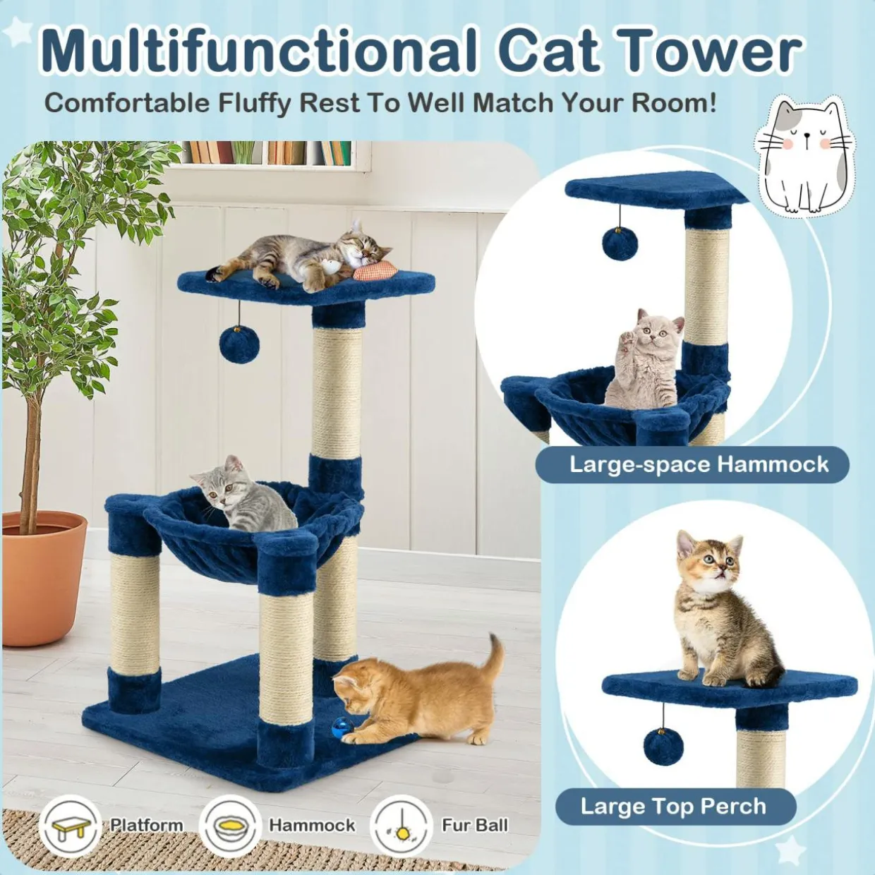 Tangkula Small Cat Tree for Indoor Cats, Cute Cat Activity Tree w/Top Perch, Cozy Hammock, Hanging Fur Ball