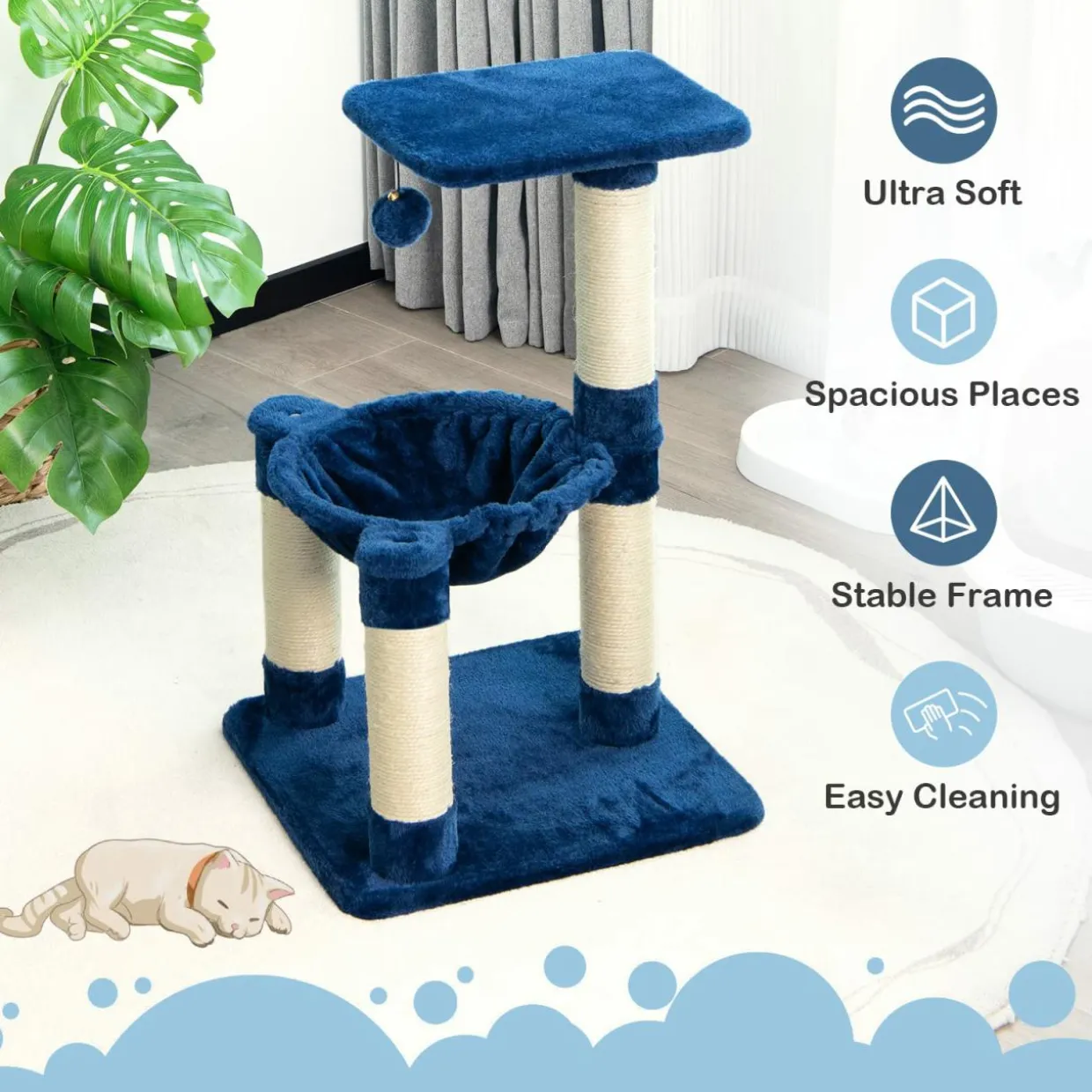 Tangkula Small Cat Tree for Indoor Cats, Cute Cat Activity Tree w/Top Perch, Cozy Hammock, Hanging Fur Ball