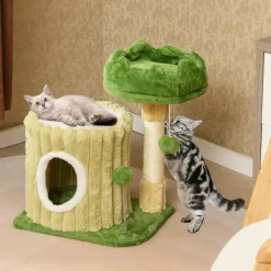 Tangkula Small Cat Tree, Green Cat Tower with Private Cat Condo, Plush Top Perch, Hanging Pompom & Spring Toy