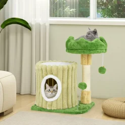 Tangkula Small Cat Tree, Green Cat Tower with Private Cat Condo, Plush Top Perch, Hanging Pompom & Spring Toy