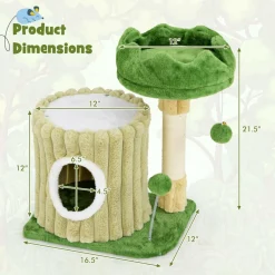 Tangkula Small Cat Tree, Green Cat Tower with Private Cat Condo, Plush Top Perch, Hanging Pompom & Spring Toy