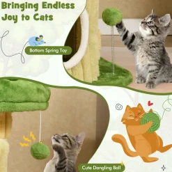 Tangkula Small Cat Tree, Green Cat Tower with Private Cat Condo, Plush Top Perch, Hanging Pompom & Spring Toy