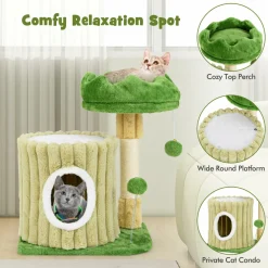 Tangkula Small Cat Tree, Green Cat Tower with Private Cat Condo, Plush Top Perch, Hanging Pompom & Spring Toy