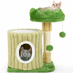 Tangkula Small Cat Tree, Green Cat Tower with Private Cat Condo, Plush Top Perch, Hanging Pompom & Spring Toy