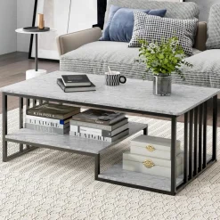 Tangkula Small Coffee Table for Small Spaces, Rectangular Cocktail Table with Storage (Retro, Gray, 43 Inch)