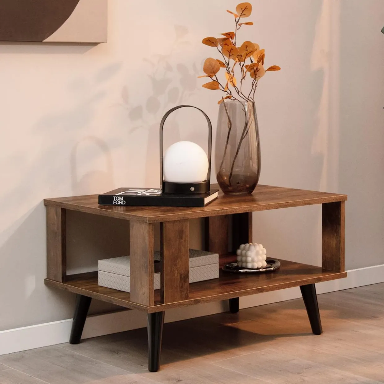 Tangkula Small Coffee Table for Small Space, 2-Tier Wooden Center Table with Open Storage Shelf