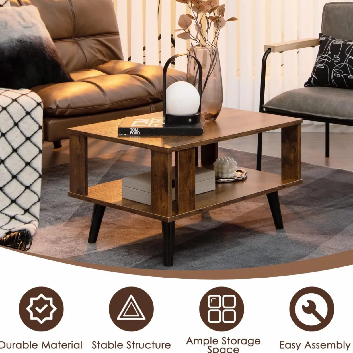 Tangkula Small Coffee Table for Small Space, 2-Tier Wooden Center Table with Open Storage Shelf