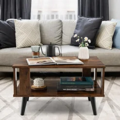 Tangkula Small Coffee Table for Small Space, 2-Tier Wooden Center Table with Open Storage Shelf