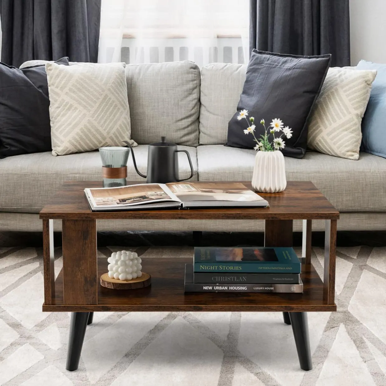 Tangkula Small Coffee Table for Small Space, 2-Tier Wooden Center Table with Open Storage Shelf