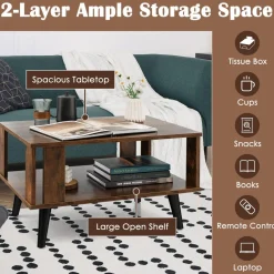 Tangkula Small Coffee Table for Small Space, 2-Tier Wooden Center Table with Open Storage Shelf