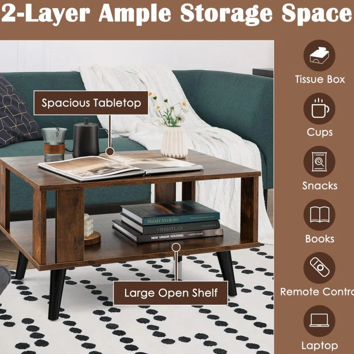 Tangkula Small Coffee Table for Small Space, 2-Tier Wooden Center Table with Open Storage Shelf