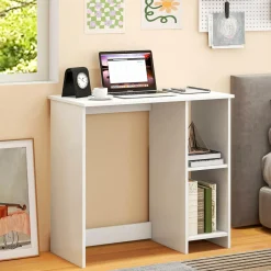 Tangkula Small White Desk with Shelves, Compact Small Desk for Small Space