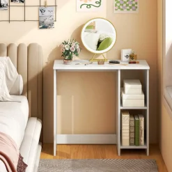 Tangkula Small White Desk with Shelves, Compact Small Desk for Small Space