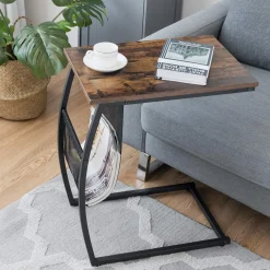 Tangkula Sofa Side End Table, C Table Snack Table with Side Pocket & Metal Frame, Over Bed Table Industrial Side Table for Sofa Couch Bed