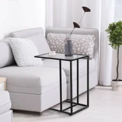 TANGKULA Sofa Side End Table, C Shaped Table Snack Table with Glass Top & Steel Frame