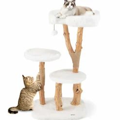Tangkula Solid Wood Cat Tree, Modern Wooden Cat Tower with Perch, Jute Scratching Posts, Dangling Ball