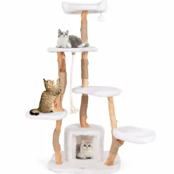 Tangkula Solid Wood Cat Tree, Modern Wooden Cat Tower with Jute Scratching Posts