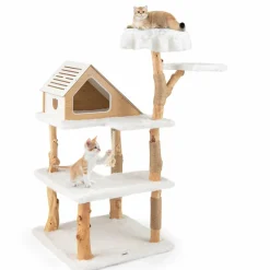 Tangkula Solid Wood Cat Tree, Modern Wooden Cat Tower with Jute Scratching Posts, 2 Perches, Condo