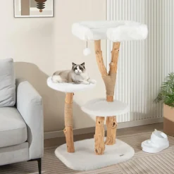 Tangkula Solid Wood Cat Tree, Modern Wooden Cat Tower with Perch, Jute Scratching Posts, Dangling Ball