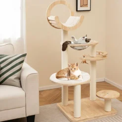 Tangkula Solid Wood Cat Tree, 4-in-1 Building Block Large Cat Tower with Space Capsule Nest, Sisal Scratching Posts