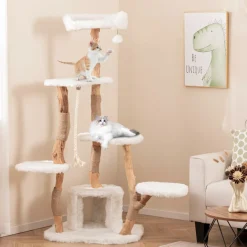 Tangkula Solid Wood Cat Tree, Modern Wooden Cat Tower with Jute Scratching Posts