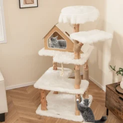 Tangkula Solid Wood Cat Tree, Modern Wooden Cat Tower with Jute Scratching Posts, 2 Perches, Condo
