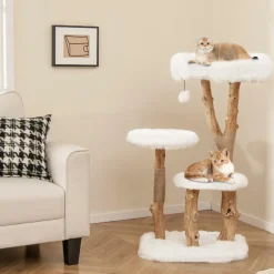 Tangkula Solid Wood Cat Tree, Modern Wooden Cat Tower with Perch, Jute Scratching Posts, Dangling Ball