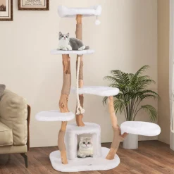 Tangkula Solid Wood Cat Tree, Modern Wooden Cat Tower with Jute Scratching Posts