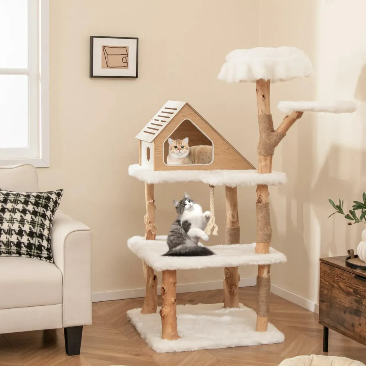 Tangkula Solid Wood Cat Tree, Modern Wooden Cat Tower with Jute Scratching Posts, 2 Perches, Condo