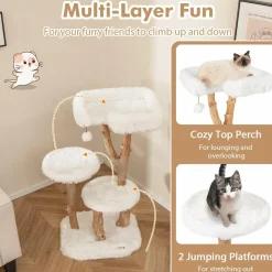Tangkula Solid Wood Cat Tree, Modern Wooden Cat Tower with Perch, Jute Scratching Posts, Dangling Ball