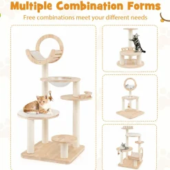 Tangkula Solid Wood Cat Tree, 4-in-1 Building Block Large Cat Tower with Space Capsule Nest, Sisal Scratching Posts