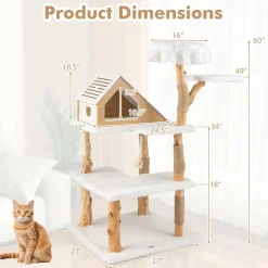 Tangkula Solid Wood Cat Tree, Modern Wooden Cat Tower with Jute Scratching Posts, 2 Perches, Condo