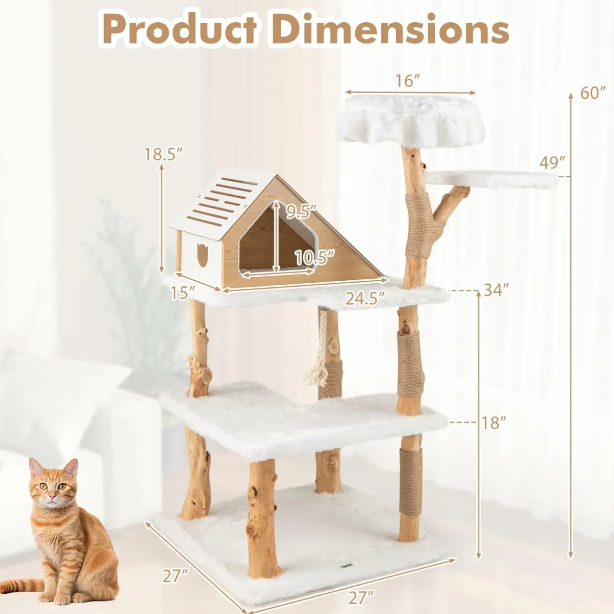 Tangkula Solid Wood Cat Tree, Modern Wooden Cat Tower with Jute Scratching Posts, 2 Perches, Condo
