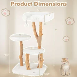 Tangkula Solid Wood Cat Tree, Modern Wooden Cat Tower with Perch, Jute Scratching Posts, Dangling Ball