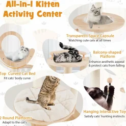 Tangkula Solid Wood Cat Tree, 4-in-1 Building Block Large Cat Tower with Space Capsule Nest, Sisal Scratching Posts