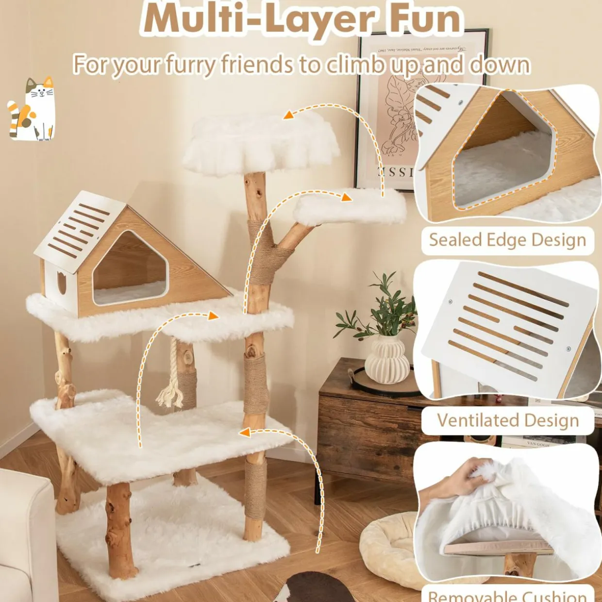 Tangkula Solid Wood Cat Tree, Modern Wooden Cat Tower with Jute Scratching Posts, 2 Perches, Condo