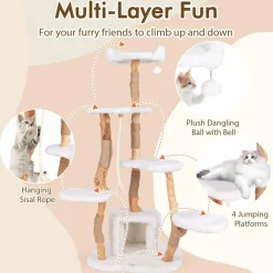 Tangkula Solid Wood Cat Tree, Modern Wooden Cat Tower with Jute Scratching Posts