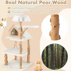 Tangkula Solid Wood Cat Tree, Modern Wooden Cat Tower with Jute Scratching Posts, 2 Perches, Condo