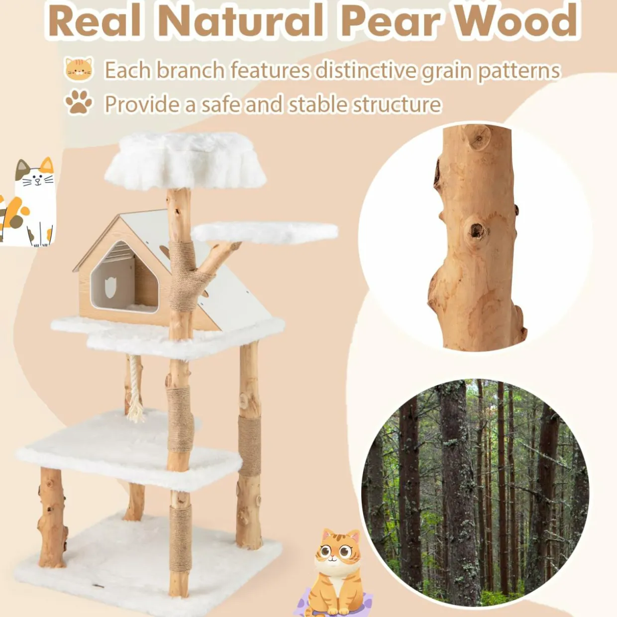 Tangkula Solid Wood Cat Tree, Modern Wooden Cat Tower with Jute Scratching Posts, 2 Perches, Condo